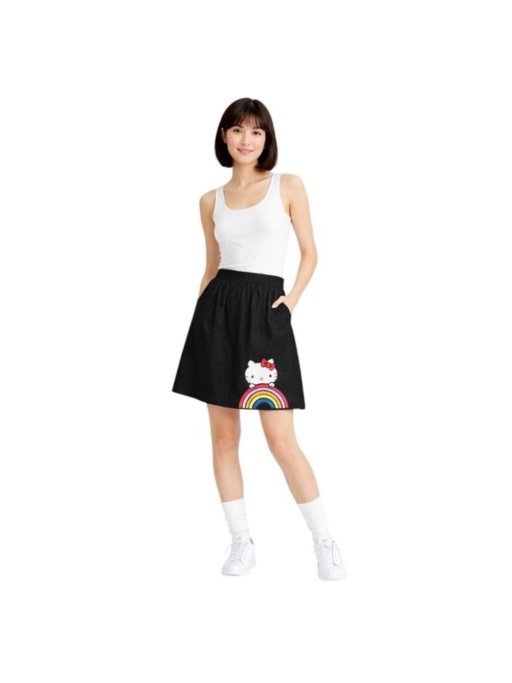 New ModCloth Small For Hello Kitty Black Skirt With Rainbow & Bow Print